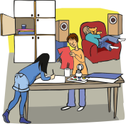 Ein Mädchen malt am Tisch, ein anderes bastelt, ein anderes liegt auf einem Sessel